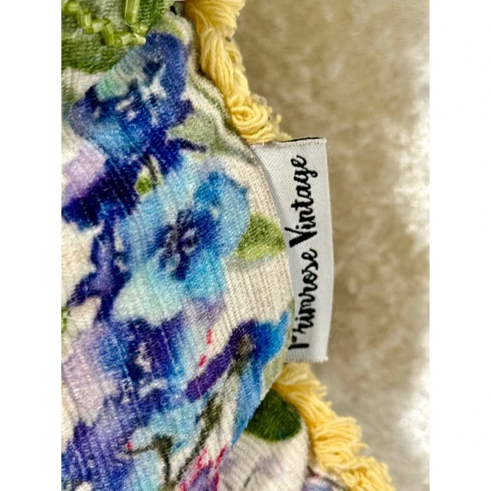 Primrose Vintage Floral Butterfly Beaded Fringed Throw Pillow Yellow Multicolor